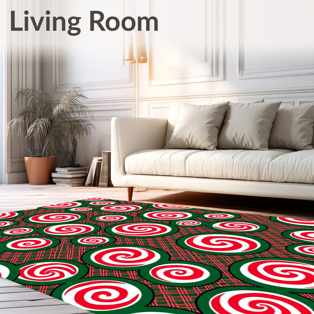 Red White Swirl Circles Green Plaid Rug