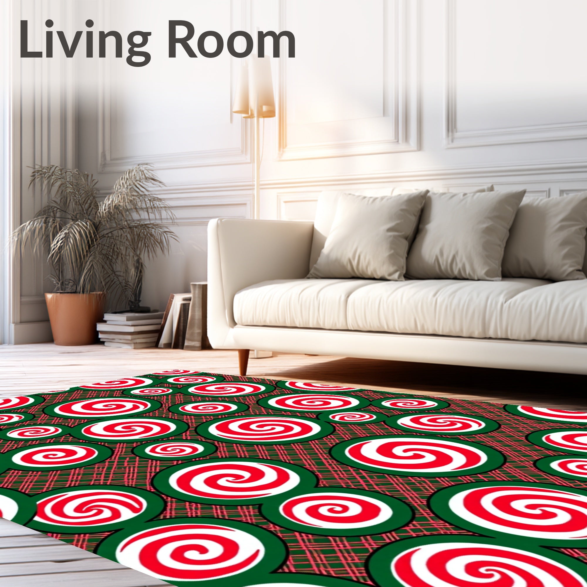 Red White Swirl Circles Green Plaid Rug
