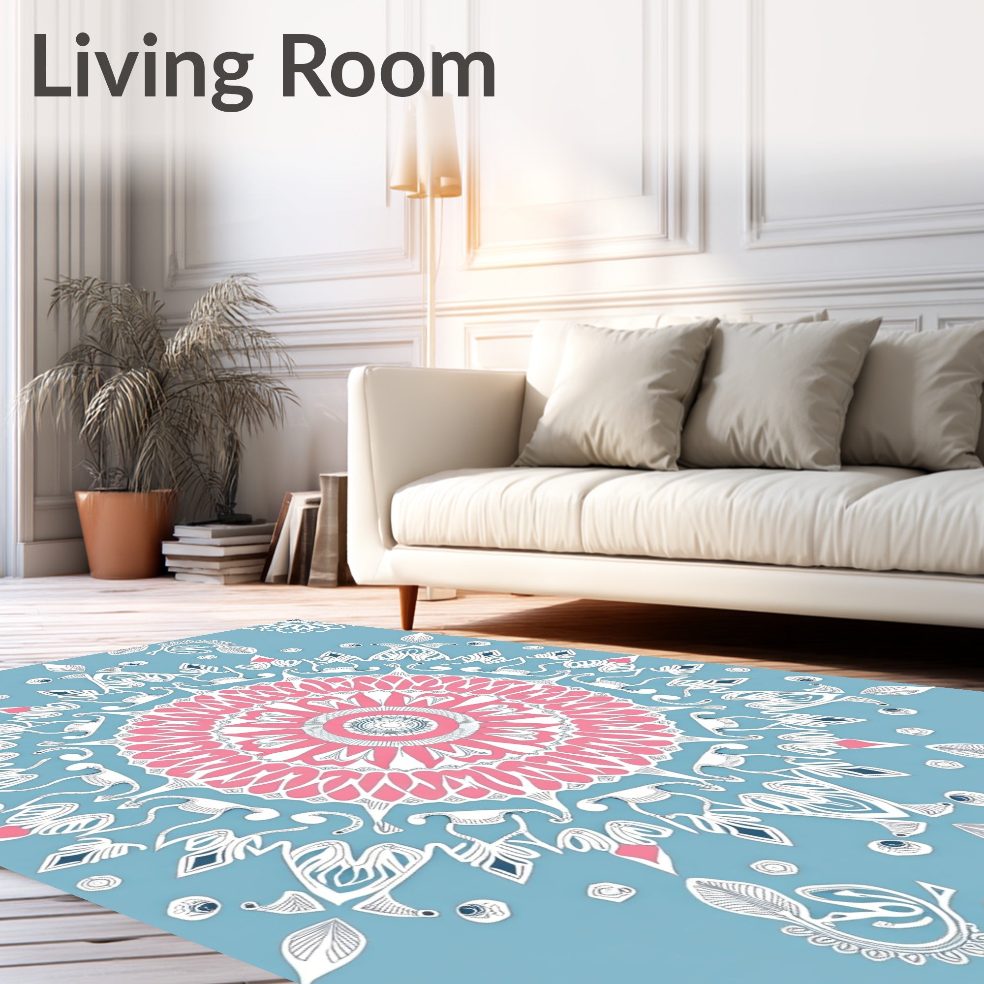 Pink White Blue Mandala Circle Rug