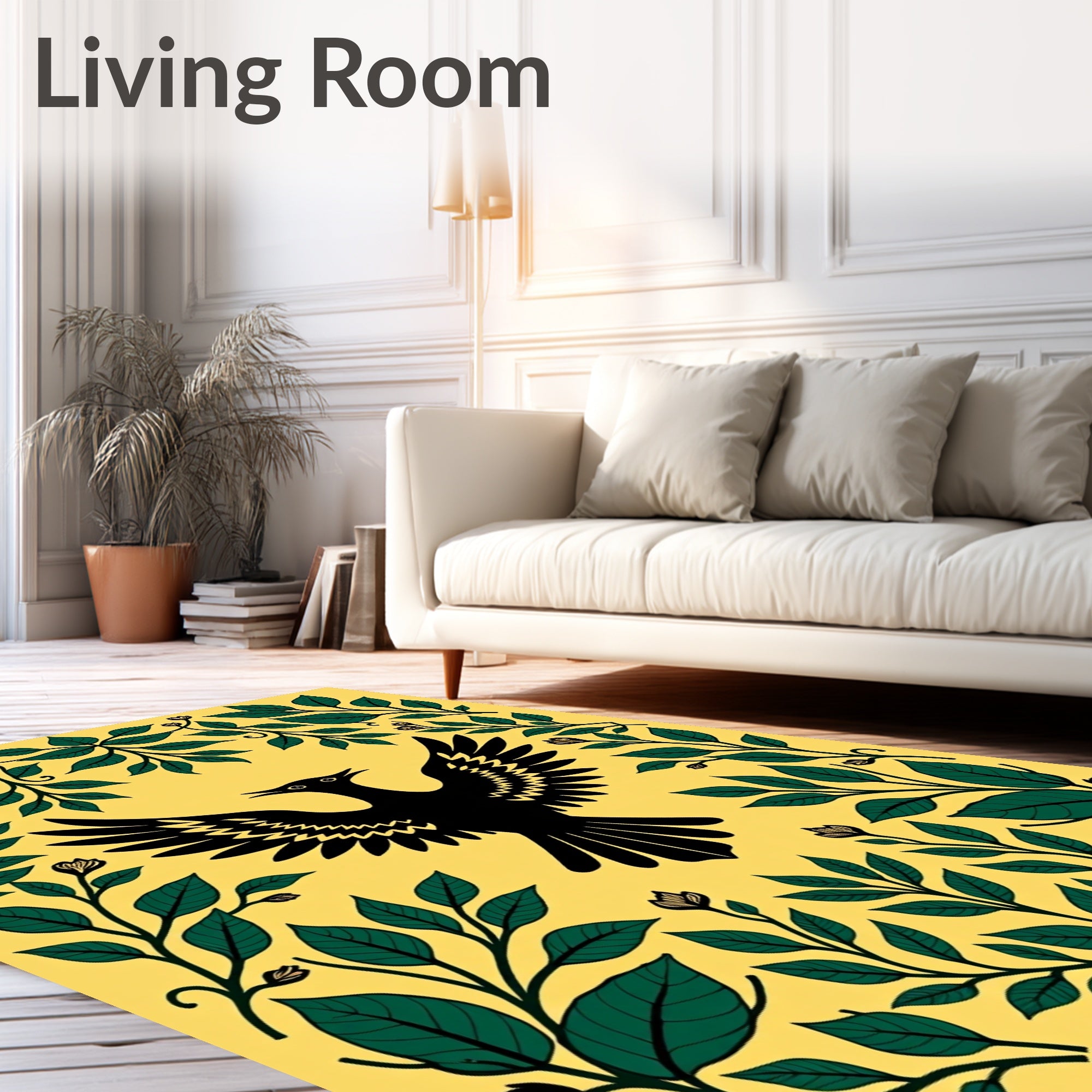 Bold Black Bird Green Foliage Yellow Rug