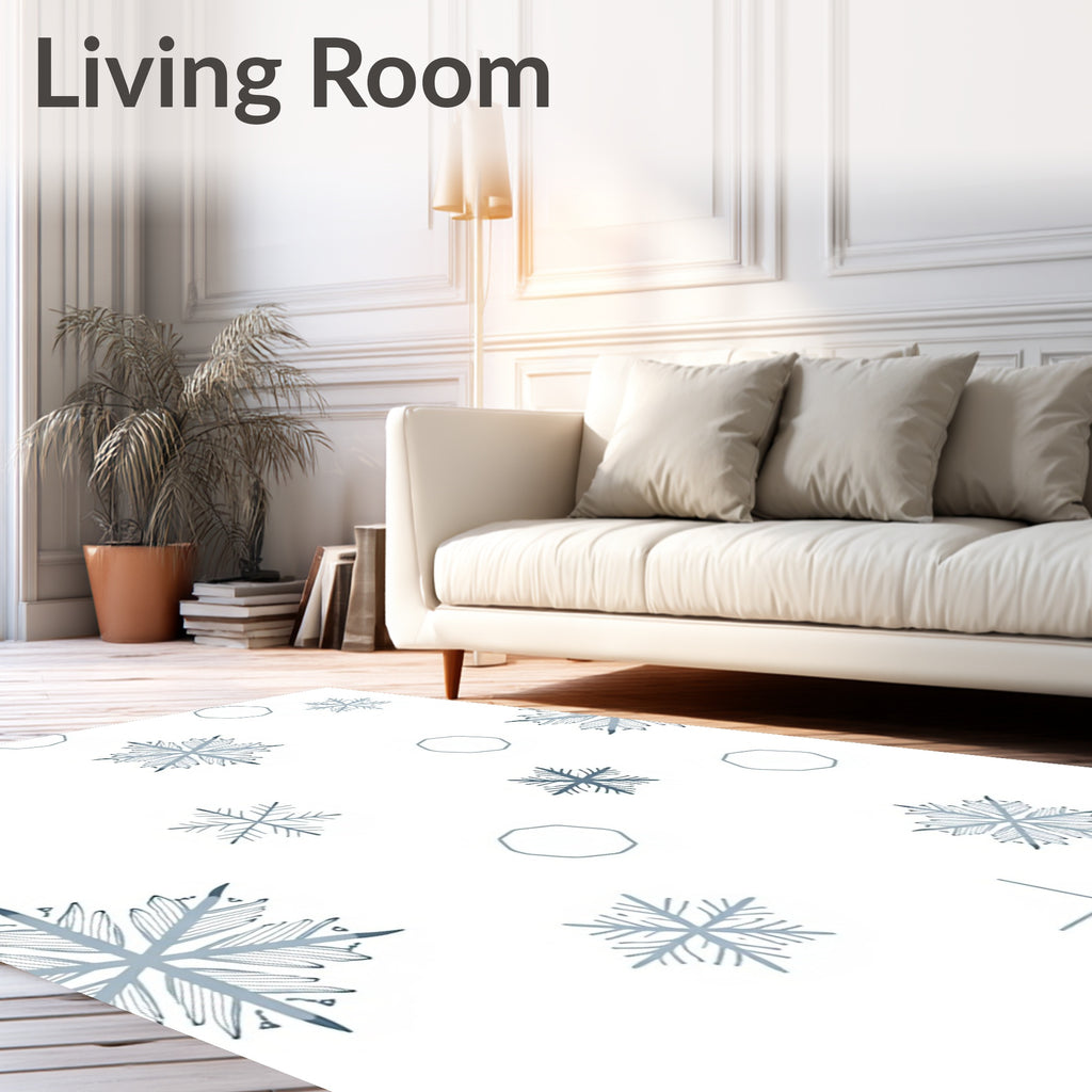 Blue Snowflake Scatter White Rug