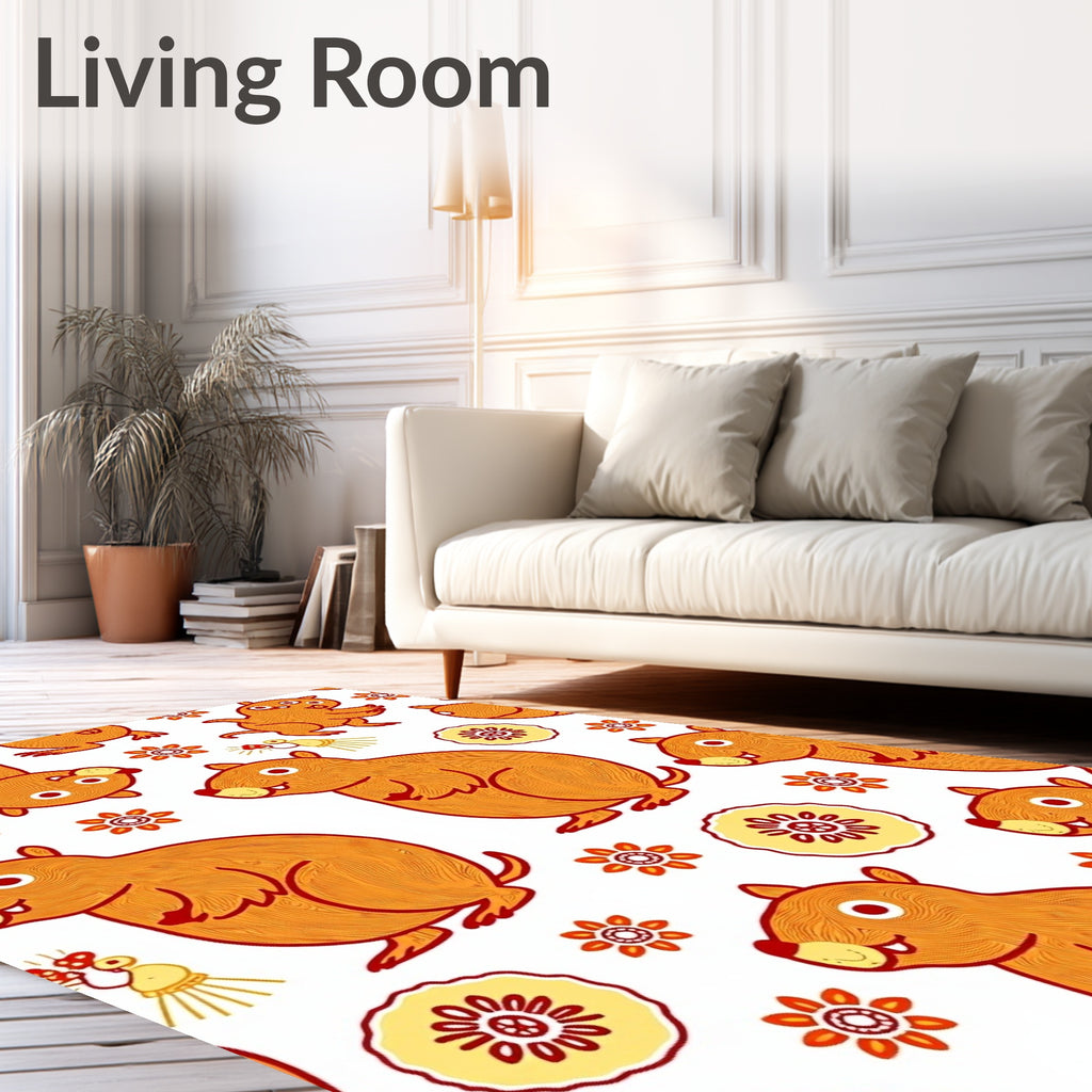 Whimsical Orange Groundhog Floral Rug