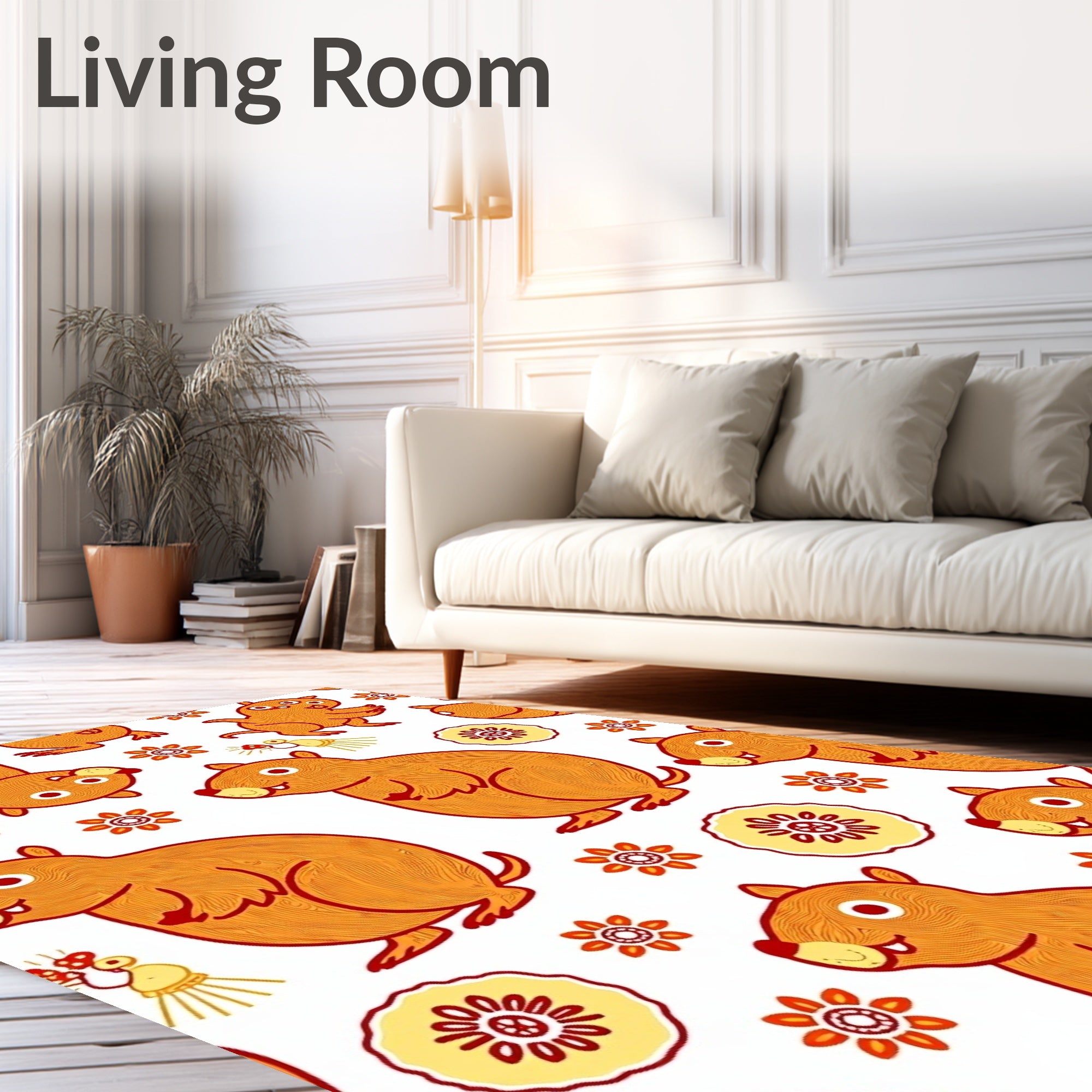 Whimsical Orange Groundhog Floral Rug