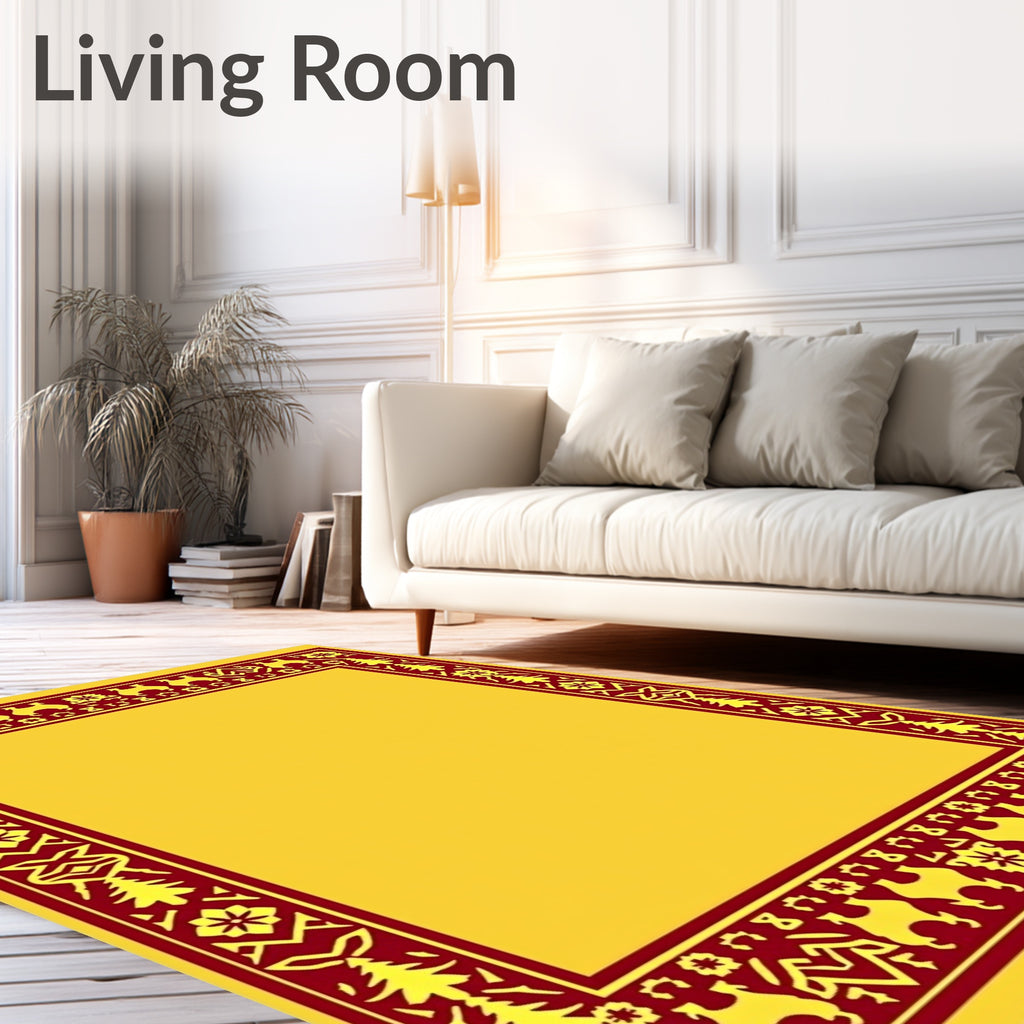 Bold Crimson Camel Bordered Yellow Graphic Rug