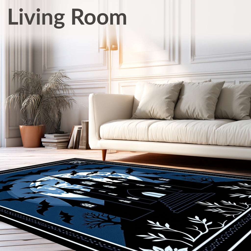 Midnight Haunted Castle Bat Moon Rug