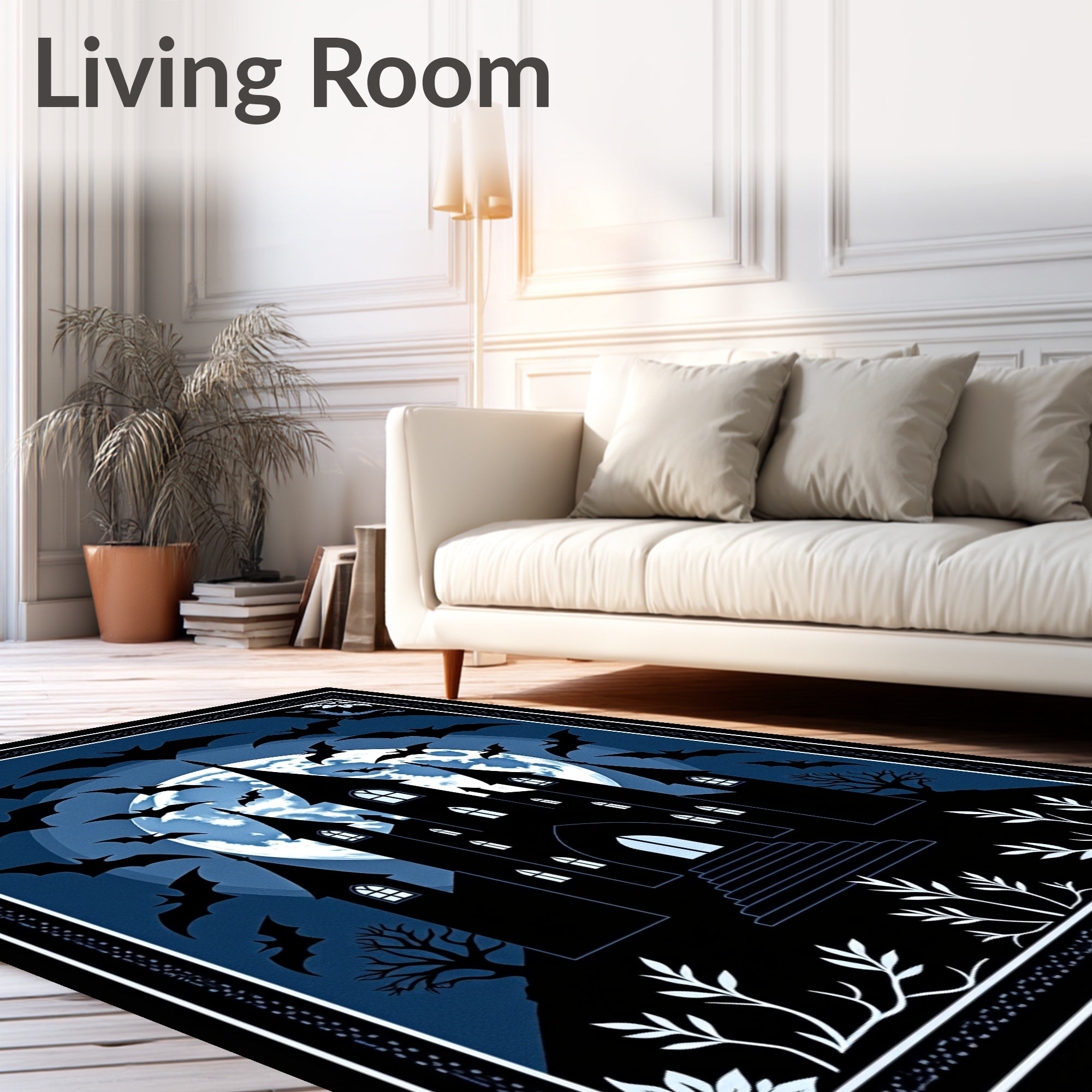 Midnight Haunted Castle Bat Moon Rug