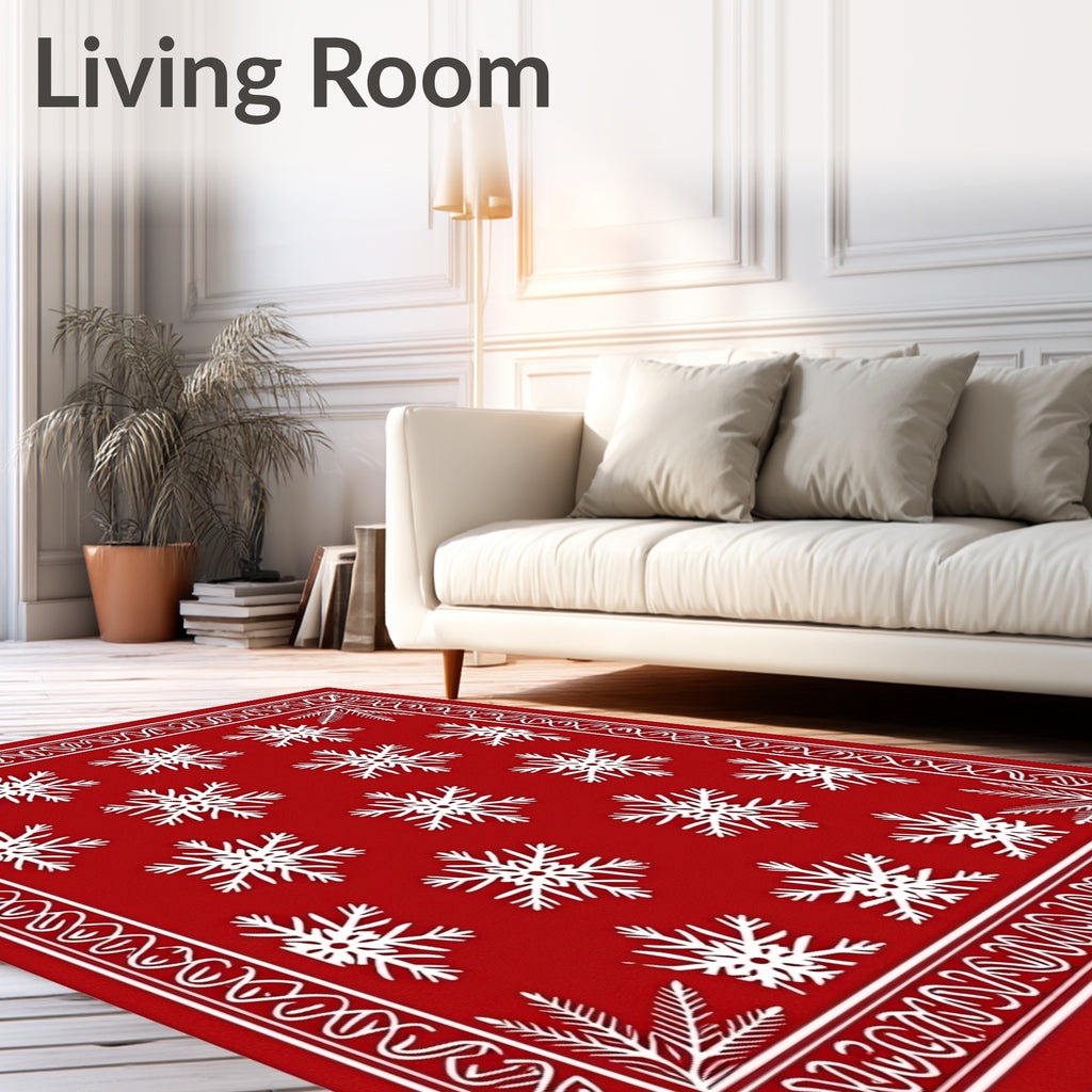 Red White Snowflake Winter Holiday Rug
