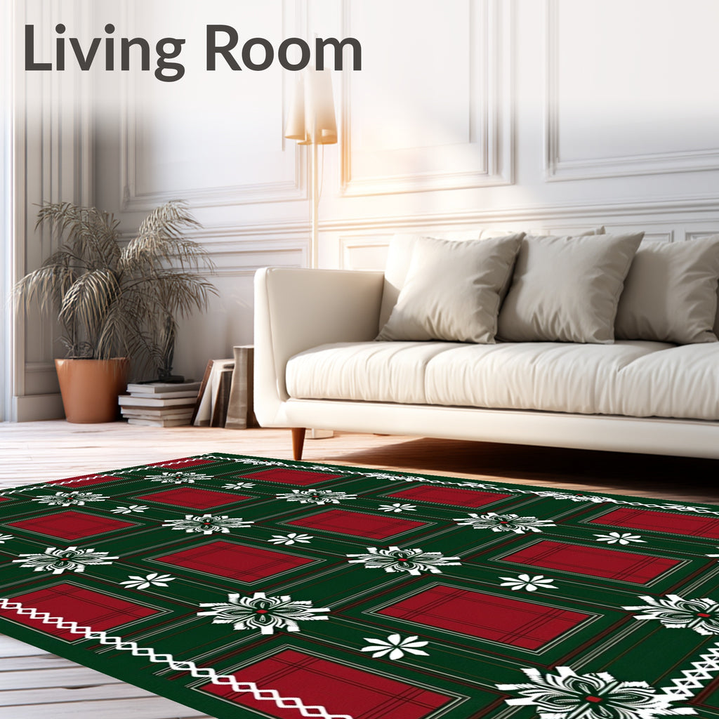 Green Red Plaid Floral Border Rug