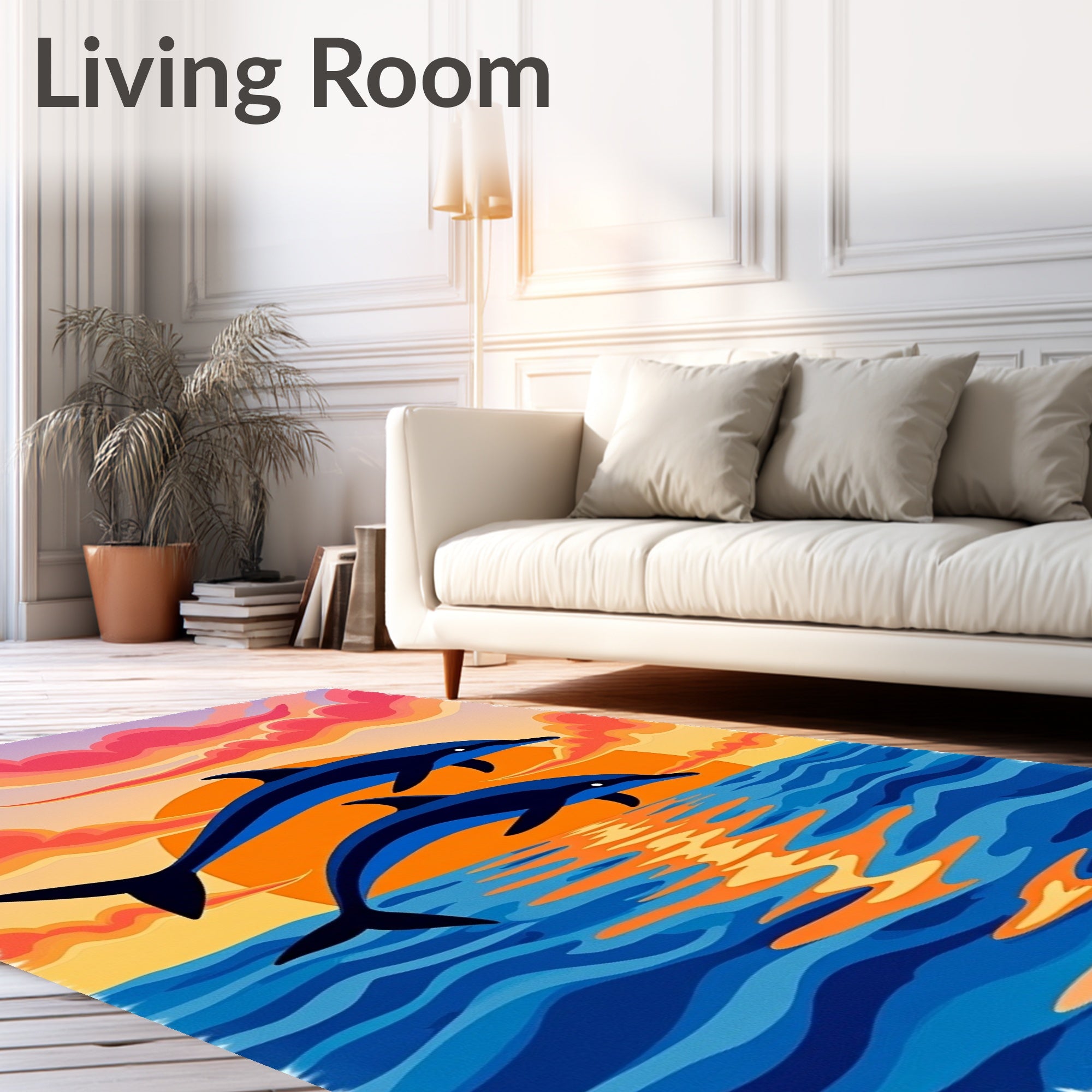 Dolphins jumping at sunset reflection Rug