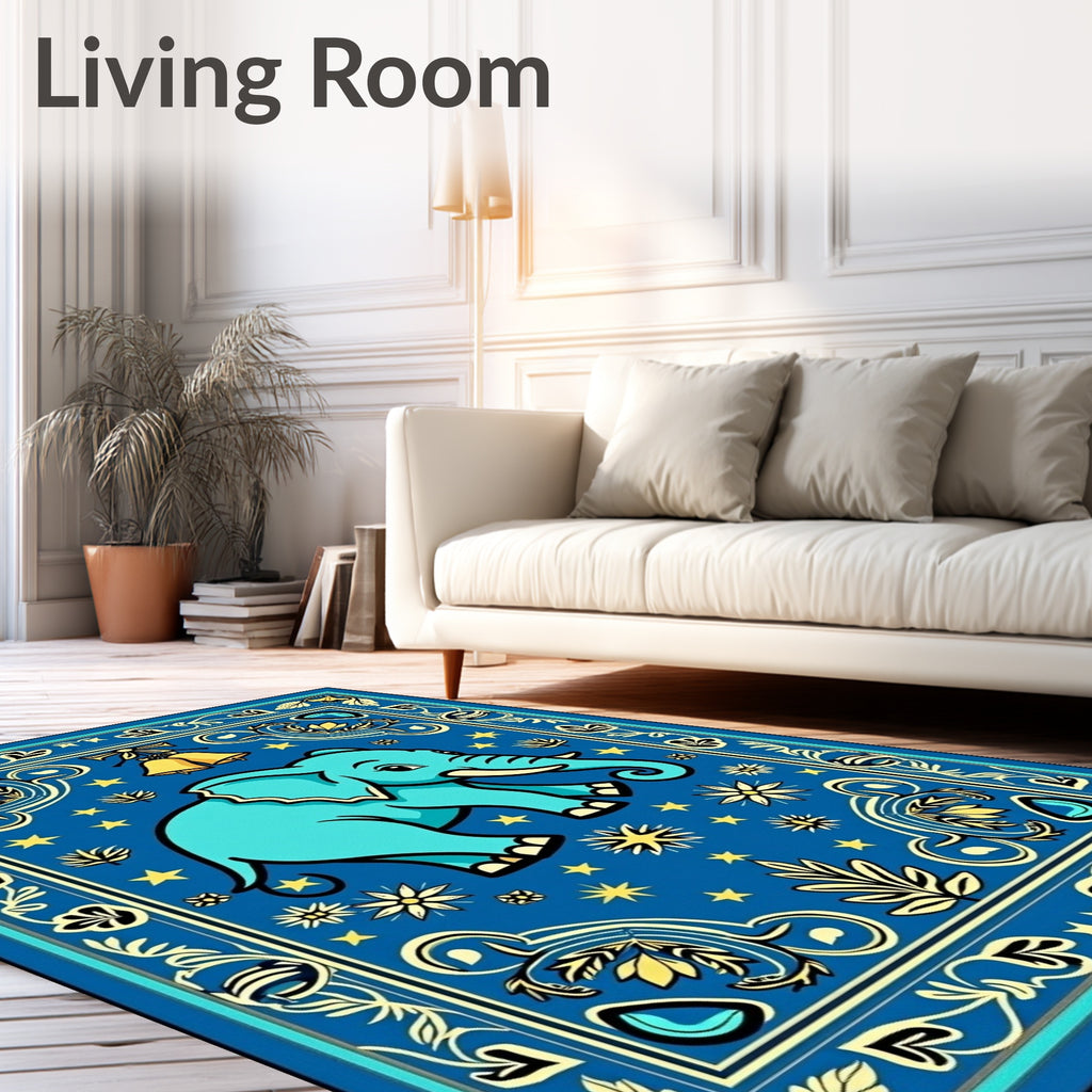 Blue Elephant Whimsical Floral Border Rug