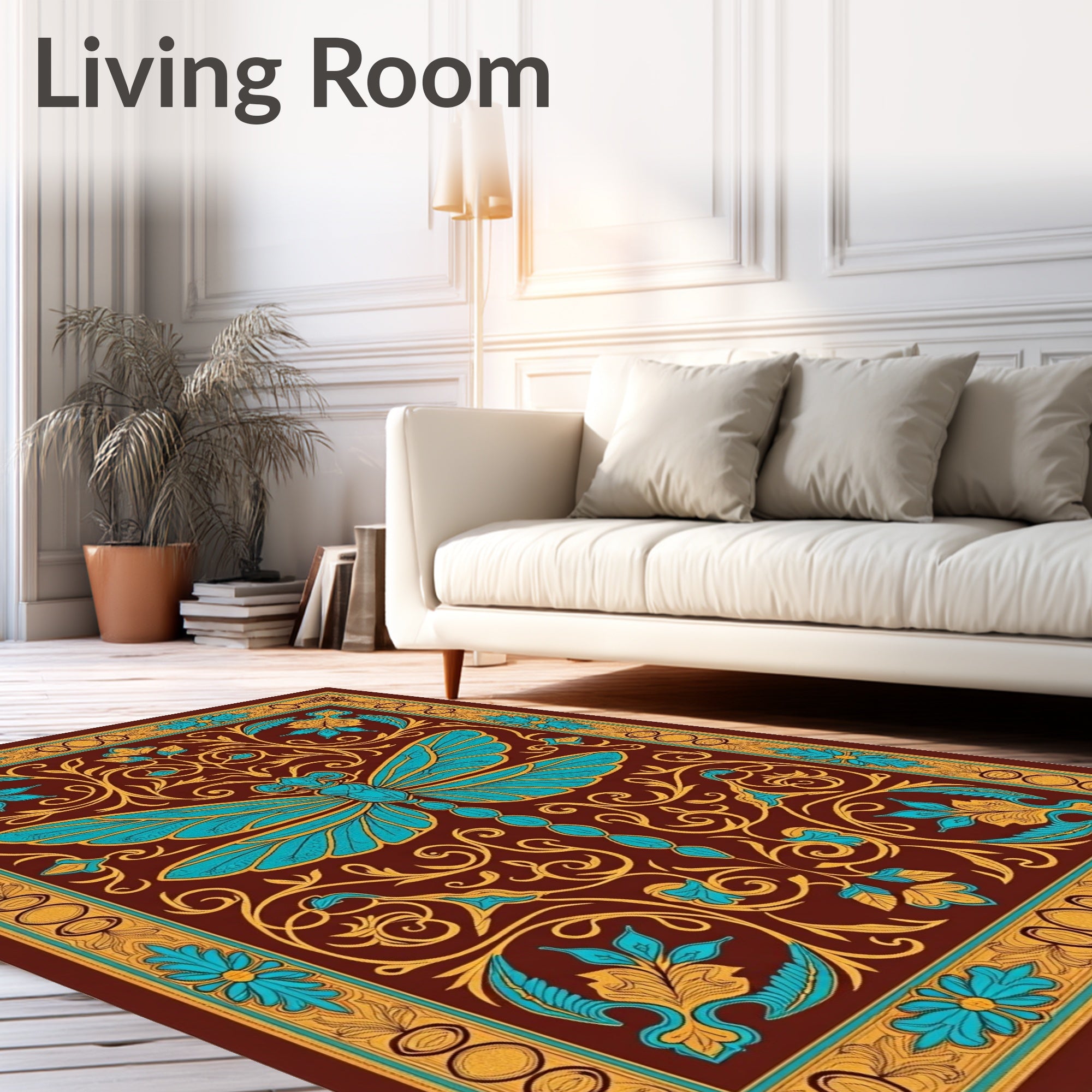 Ornate Teal Dragonfly Floral Medallion Rug