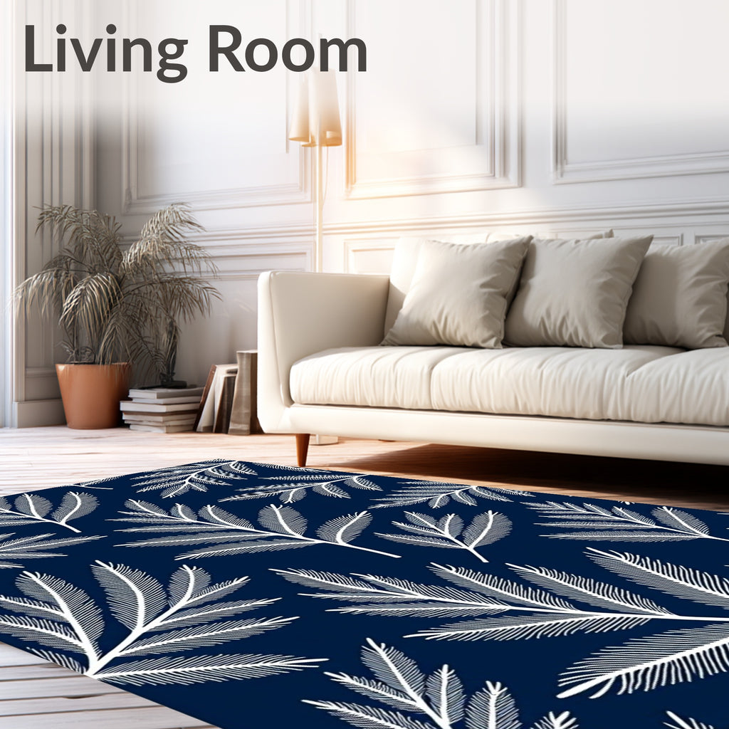 White Fern Leaves On Navy Background Rug