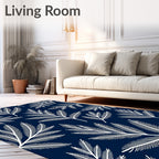 White Fern Leaves On Navy Background Rug