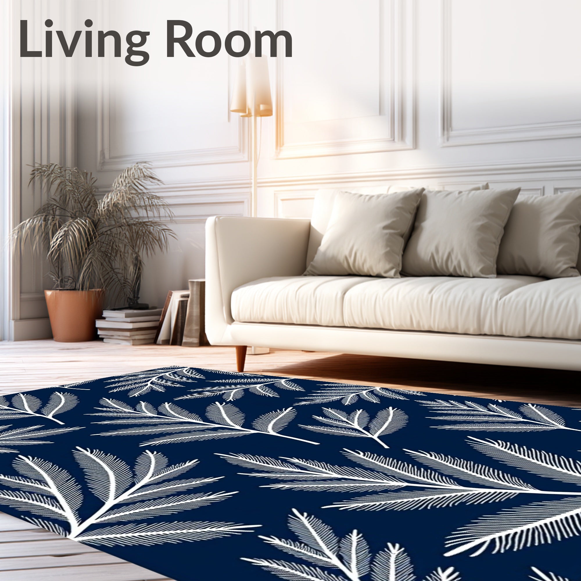 White Fern Leaves On Navy Background Rug