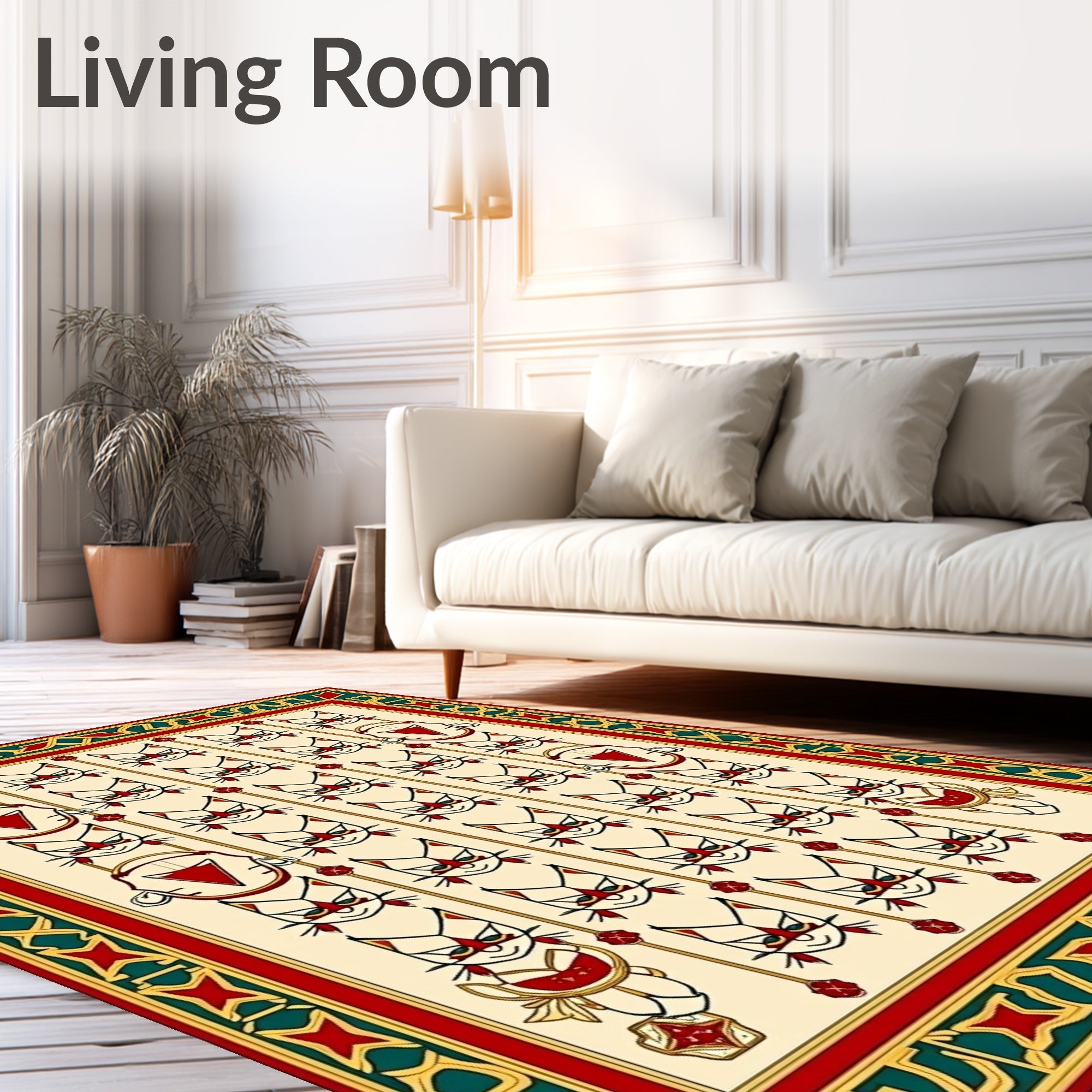 Whimsical Red Cat Border Cream Rug