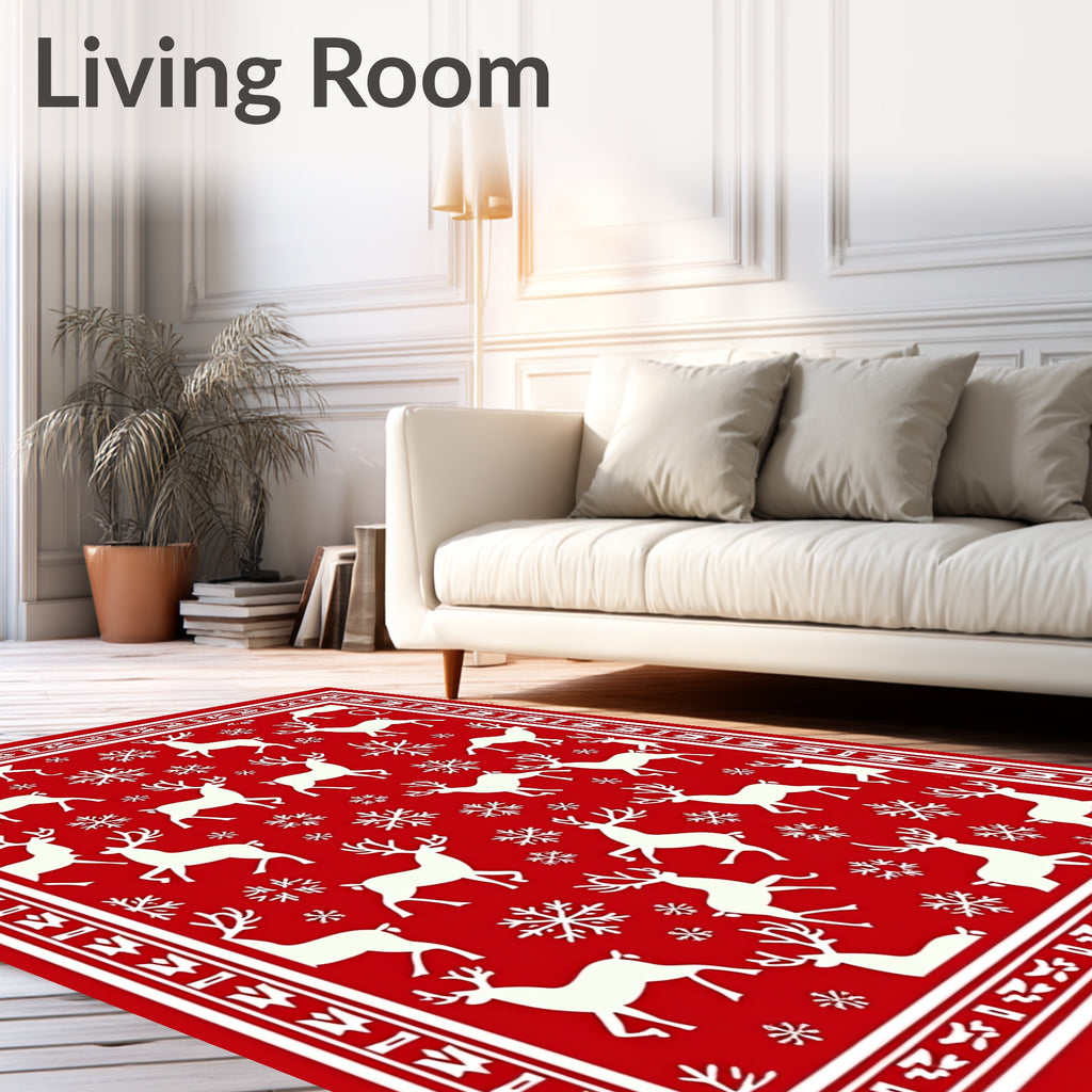 Classic Red White Reindeer Snowflakes Rug