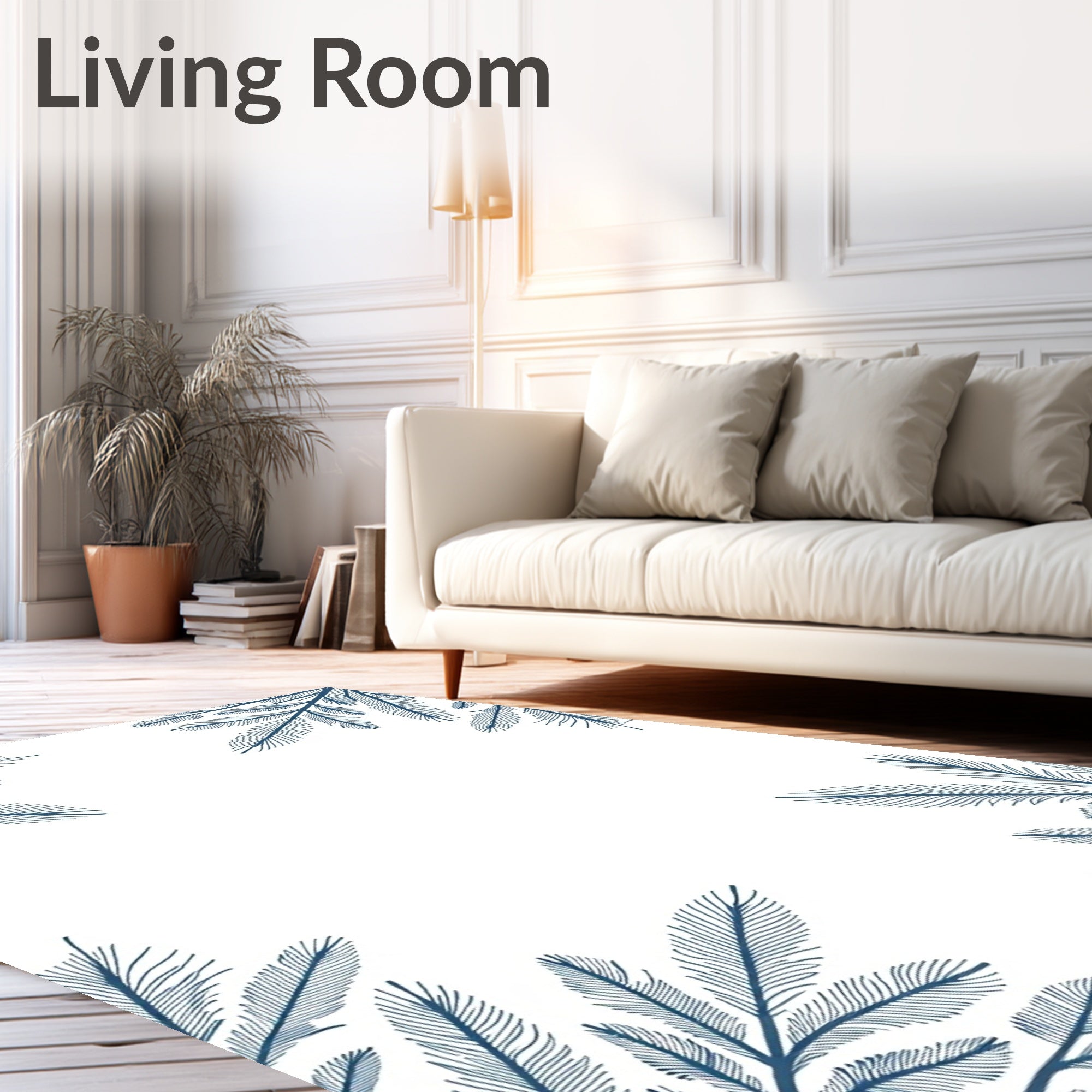 Deep Blue Feathered Branch Corner Accent Rug