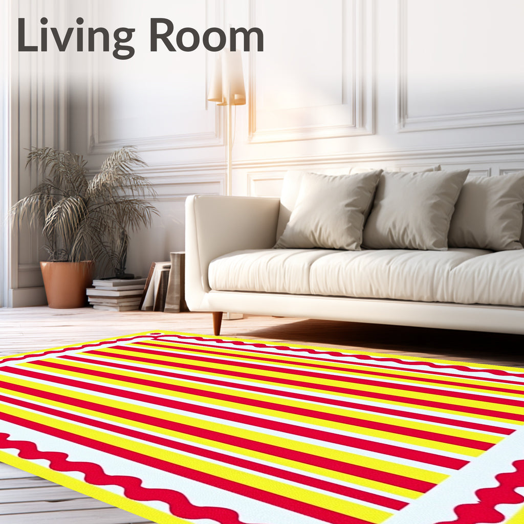 Vibrant Red Yellow Striped Border Rug