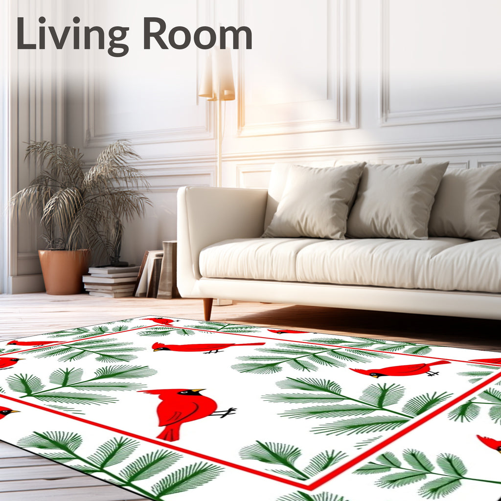 Crimson Cardinals Green Pine Boughs Rug