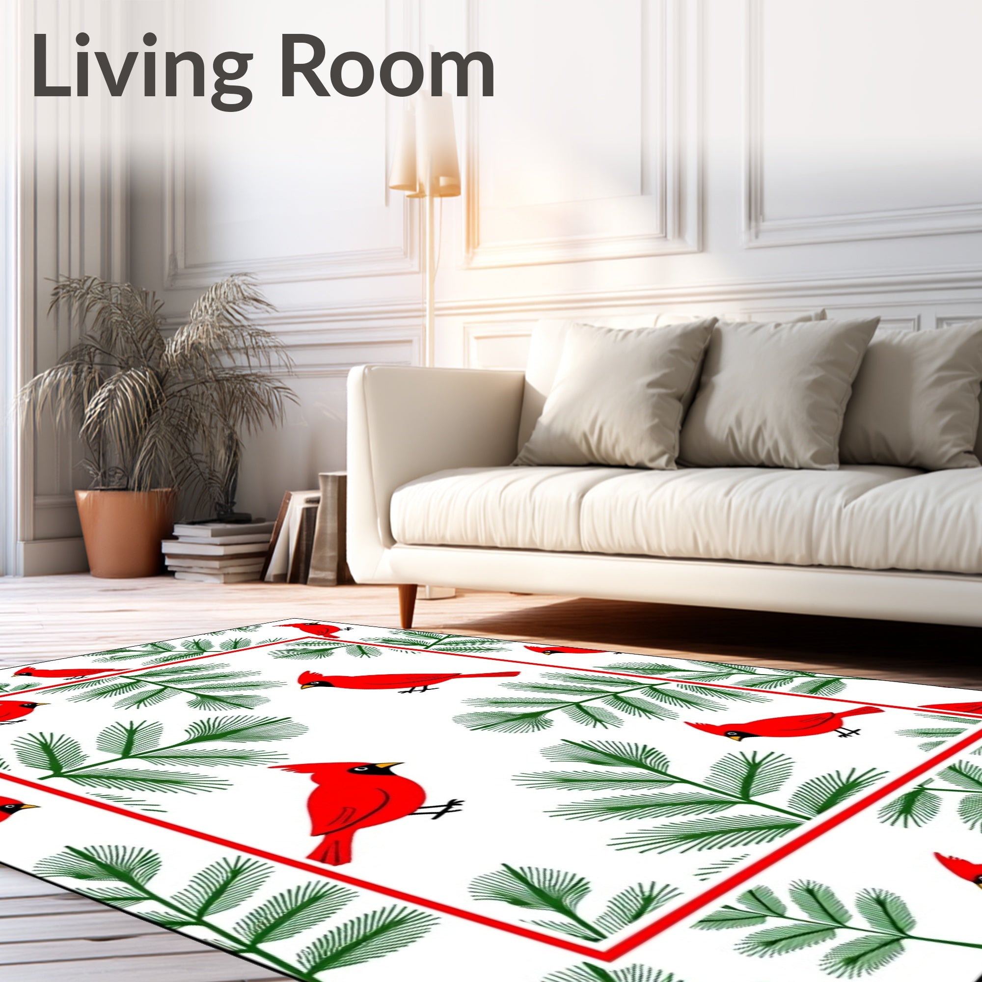 Crimson Cardinals Green Pine Boughs Rug