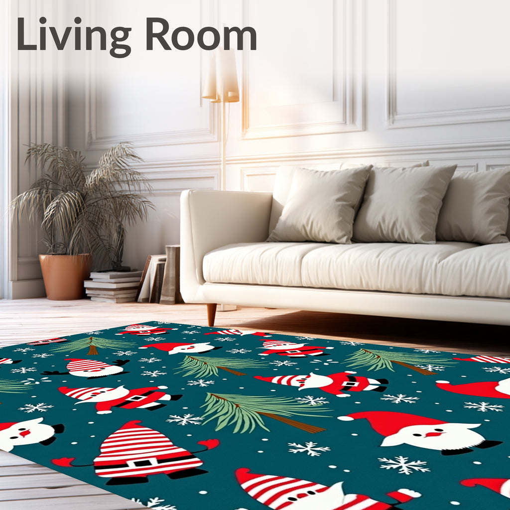 Festive Red Santas Pine Trees Snowflakes Teal Rug