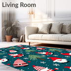 Festive Red Santas Pine Trees Snowflakes Teal Rug
