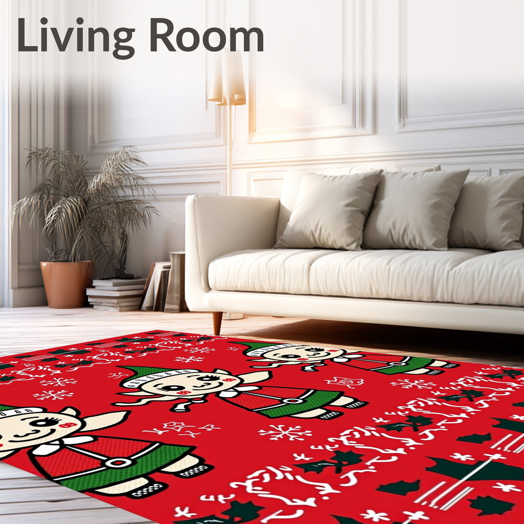 Playful Red Elf Characters Snowflake Border Rug