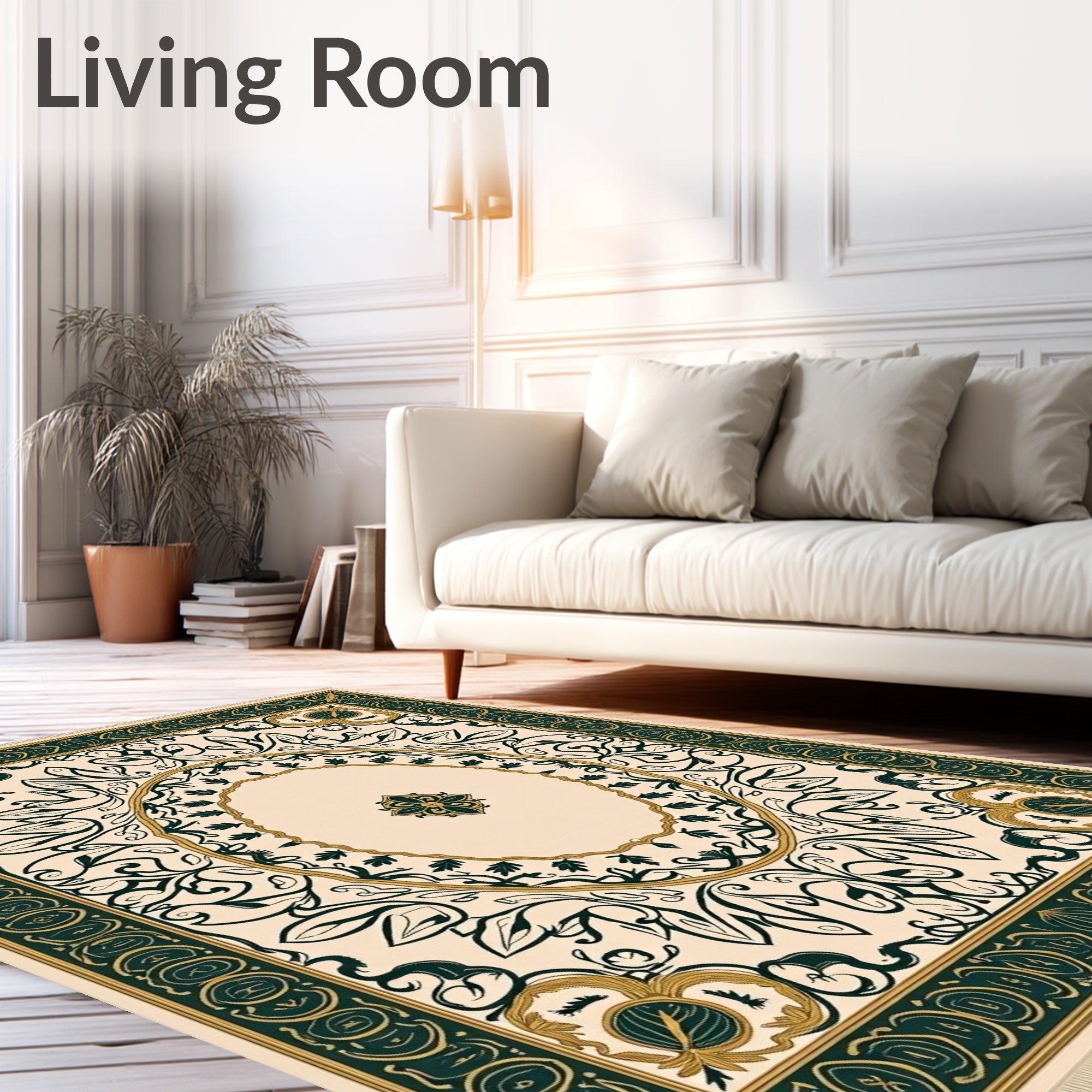 Cream Emerald Floral Oval Medallion Rug
