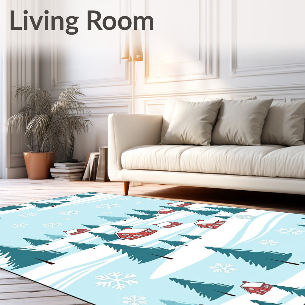Cozy Red Cabins Snowscape Snowflake Trees Rug