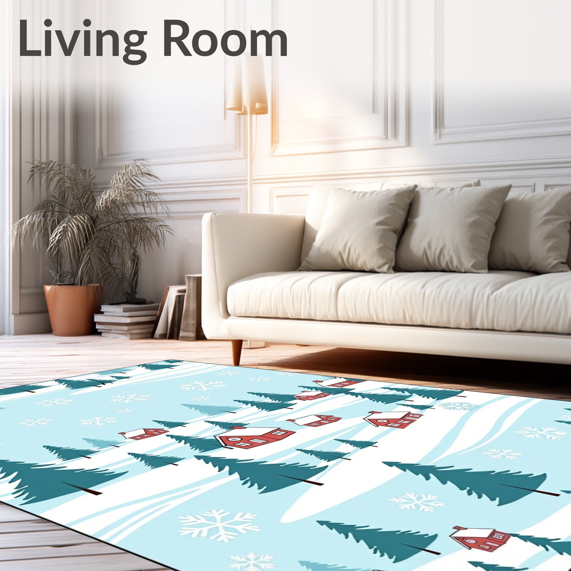 Cozy Red Cabins Snowscape Snowflake Trees Rug