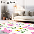 Cute Pink Bunny Spring Floral Meadow Rug