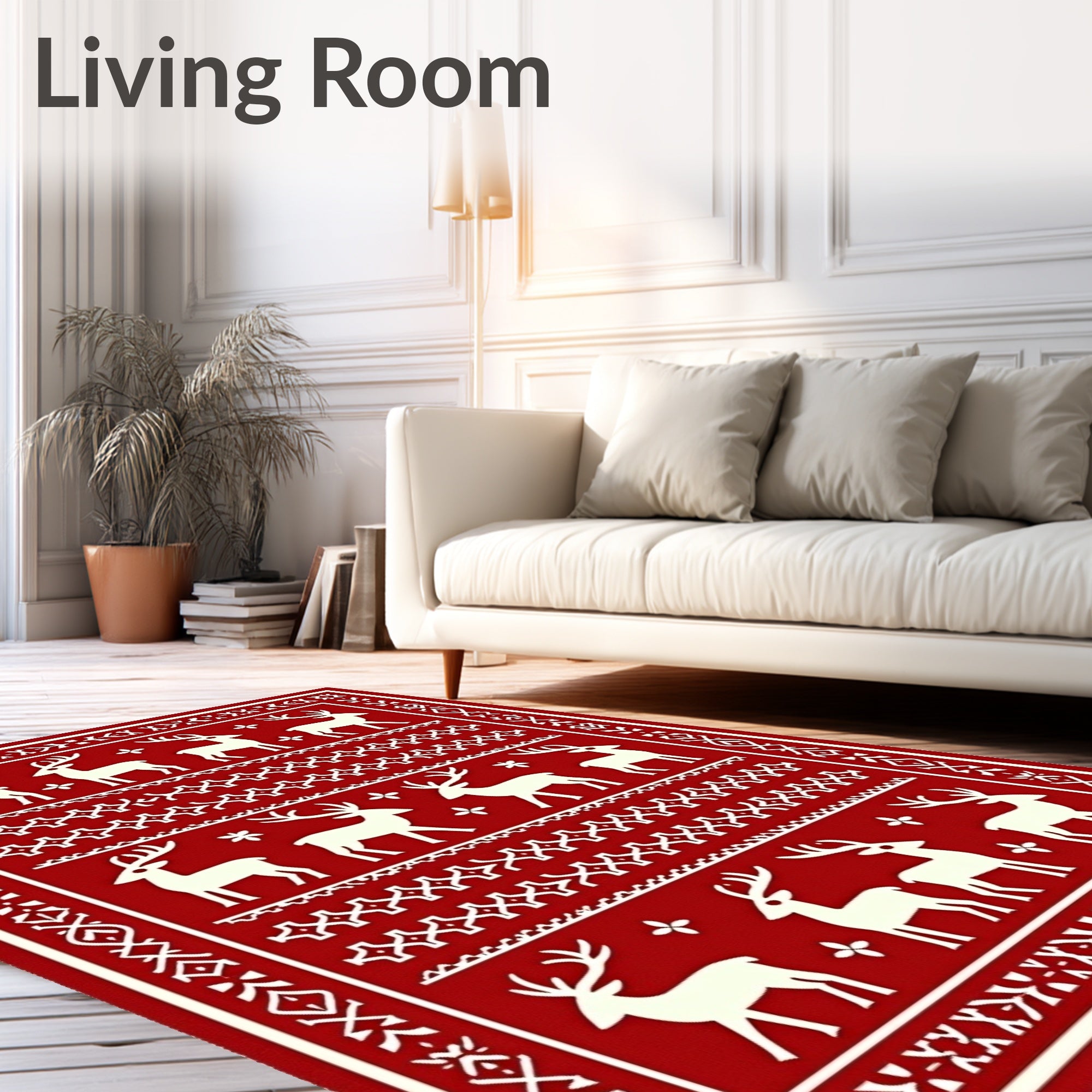 Festive Red White Reindeer Border Rug