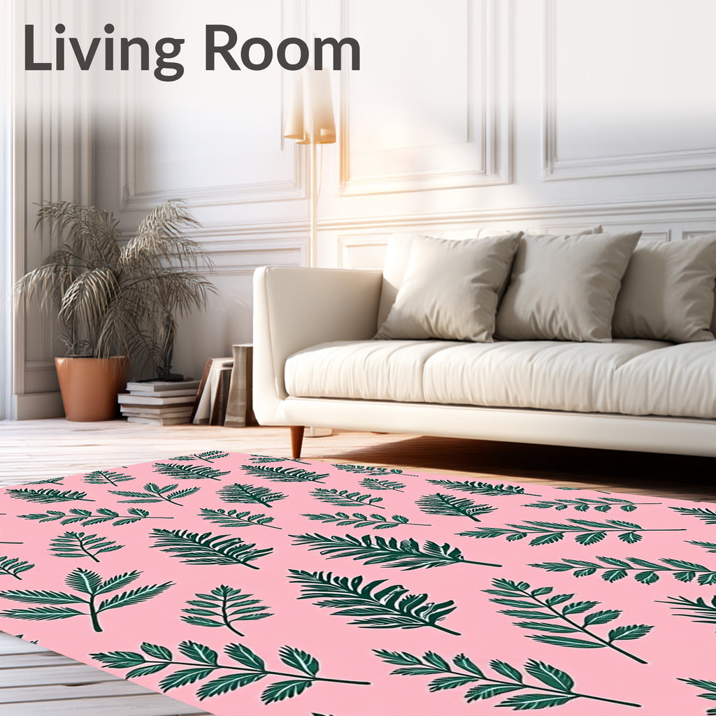 Dark Green Ferns on Soft Pink Background Rug