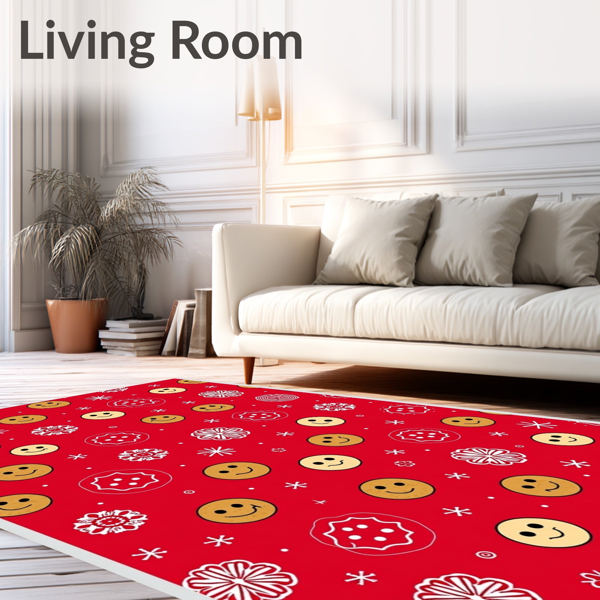 Red Yellow Smiley Face Snowflake Medallion Rug