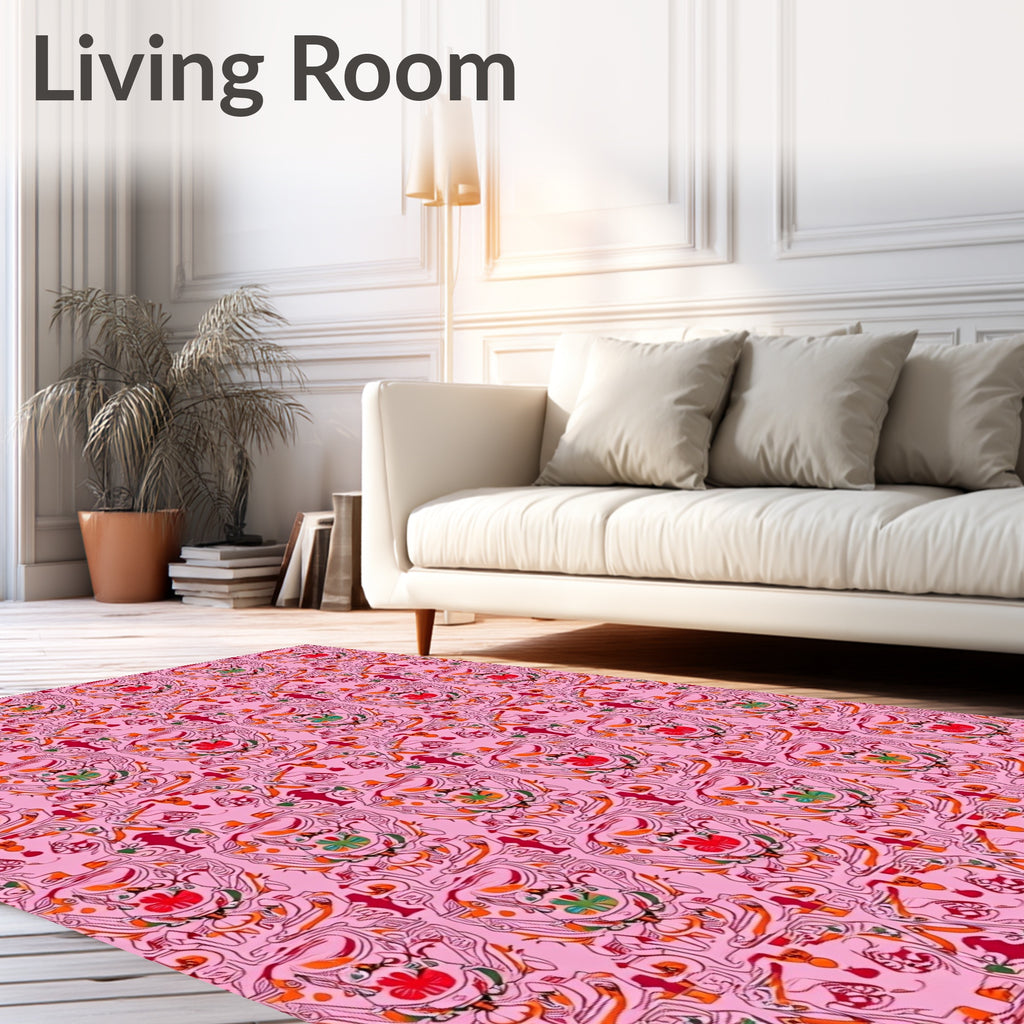 Whimsical Pink Red Floral Medallion Rug