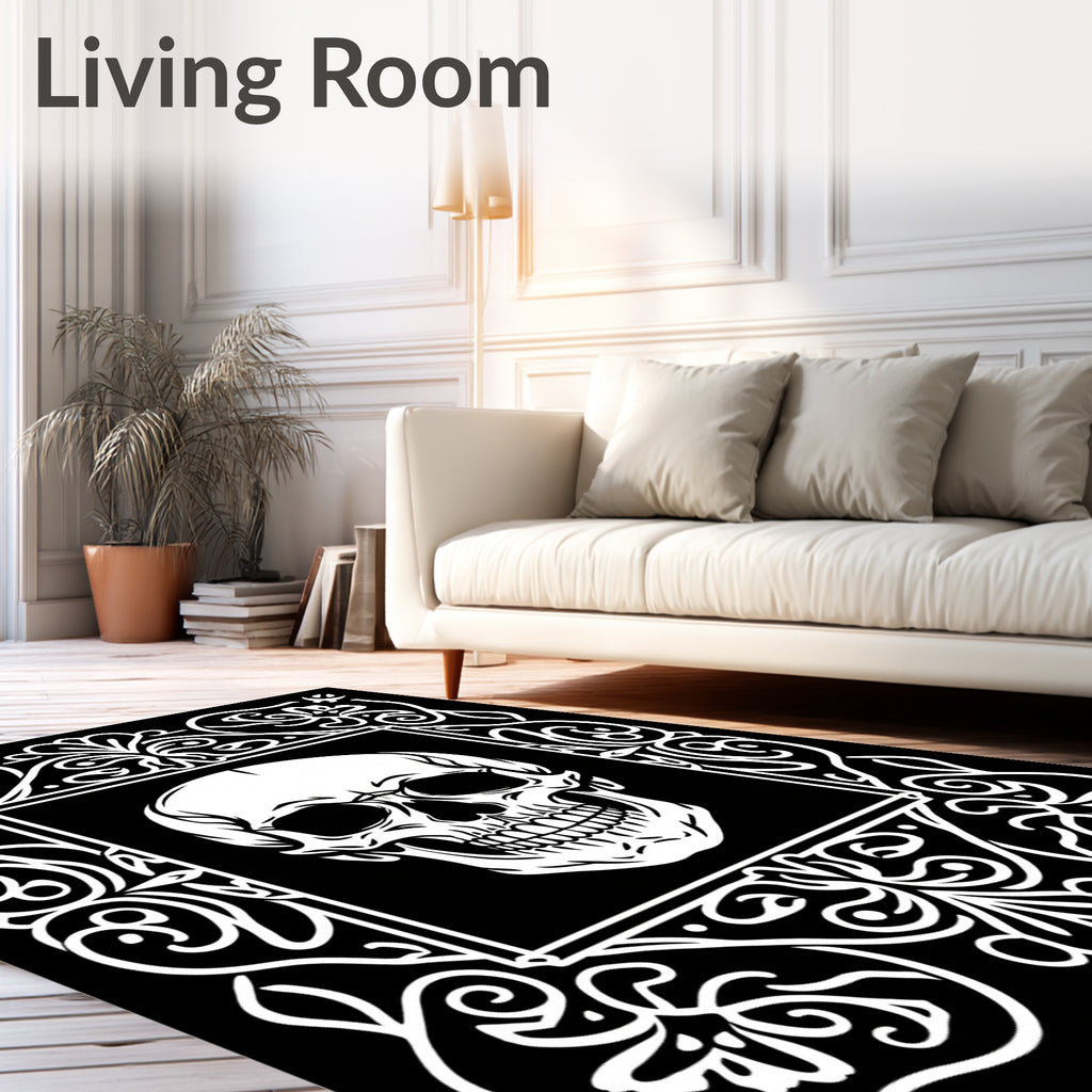 Gothic Skull White Floral Border Rug