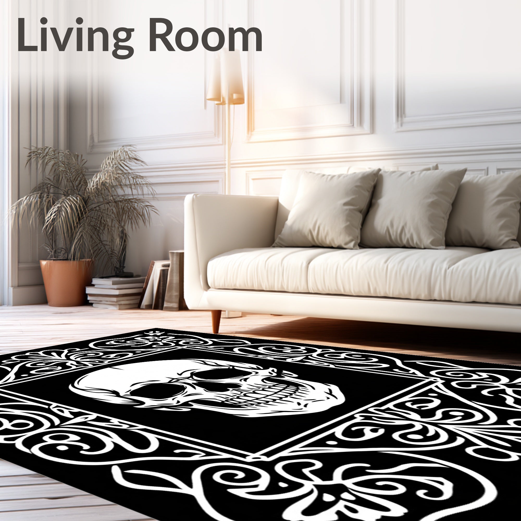 Gothic Skull White Floral Border Rug