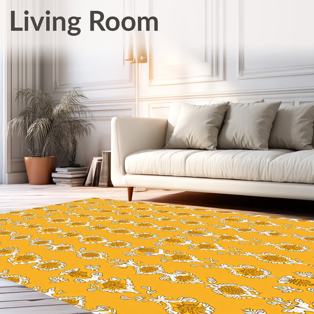 Gold Ochre Scrolling Vine Floral Rug