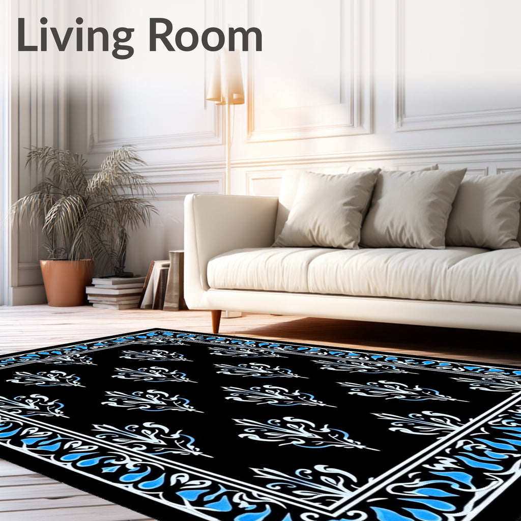 Black White Blue Floral Medallion Border Rug