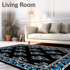 Black White Blue Floral Medallion Border Rug