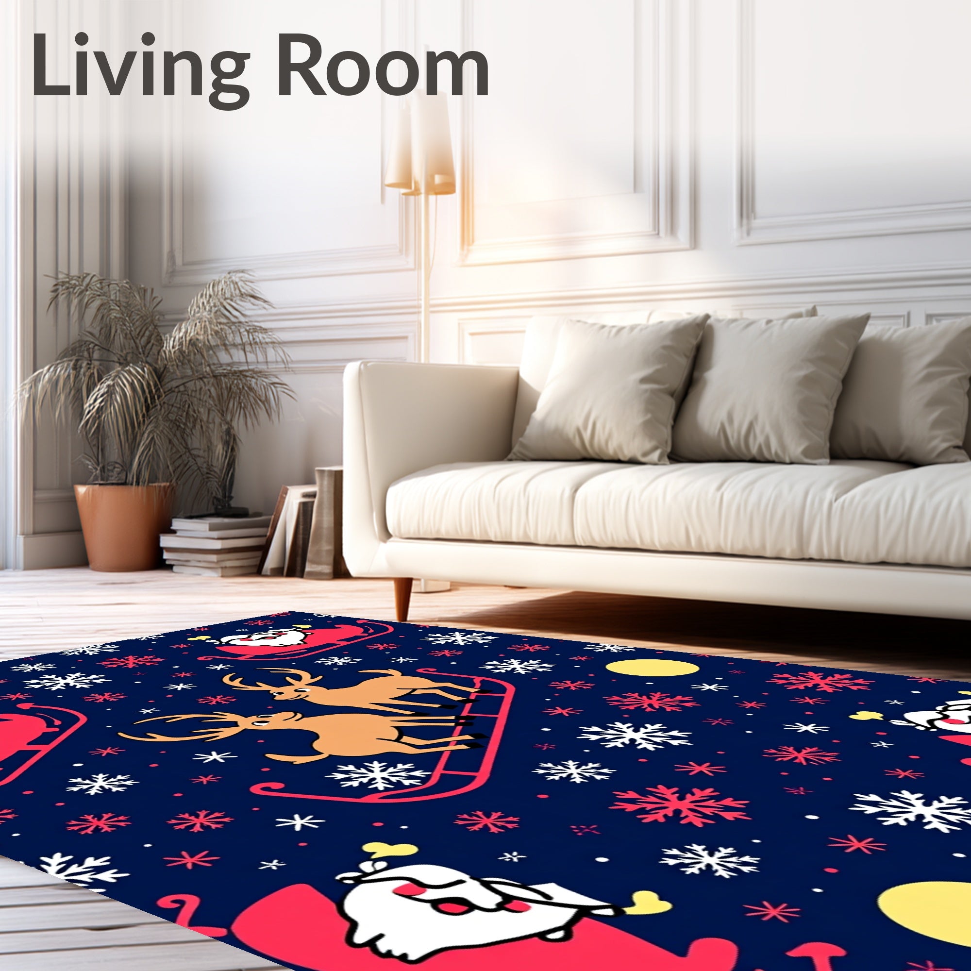 Whimsical Santa Reindeer Snowflake Night Rug