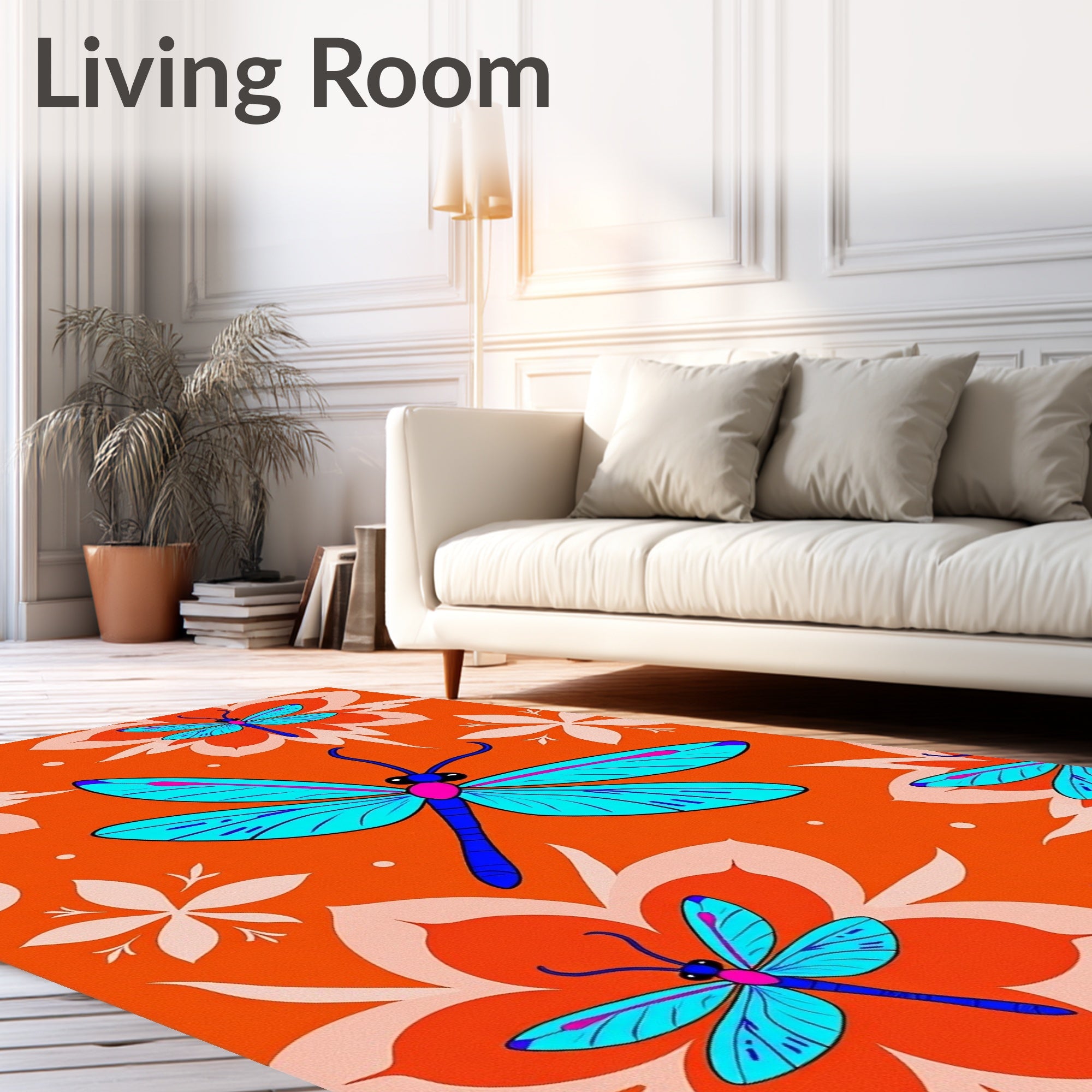 Bright Orange Dragonfly Floral Whimsy Rug