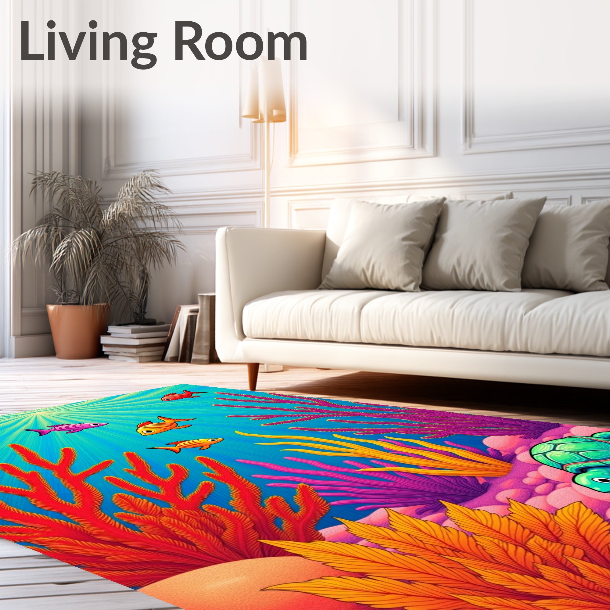 Vibrant Coral Reef Fish Turtle Scene Rug