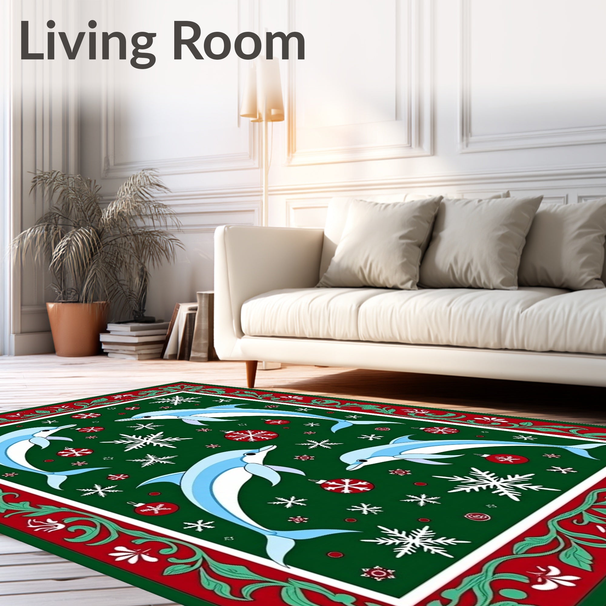 Festive Blue Dolphins Snowflakes Ornaments Border Rug