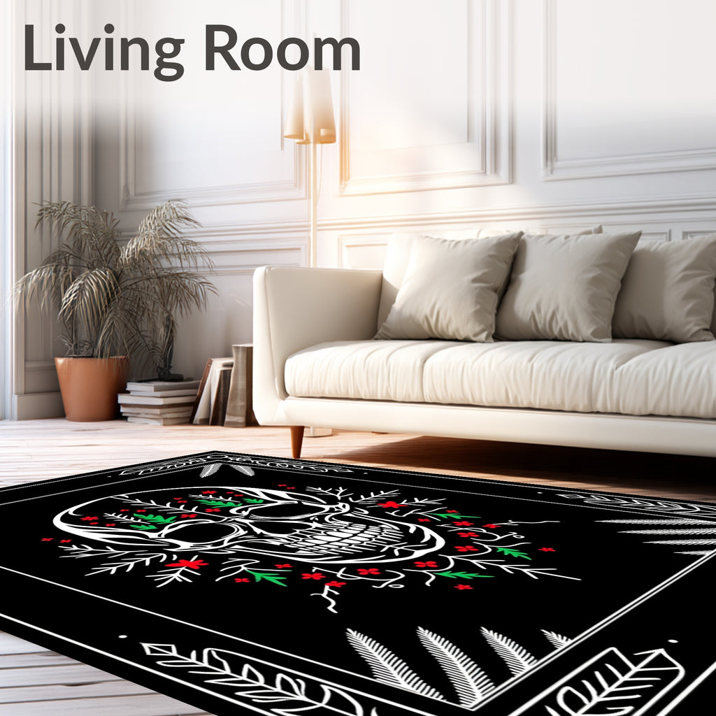 Floral Skull Red Green Botanical Frame Rug