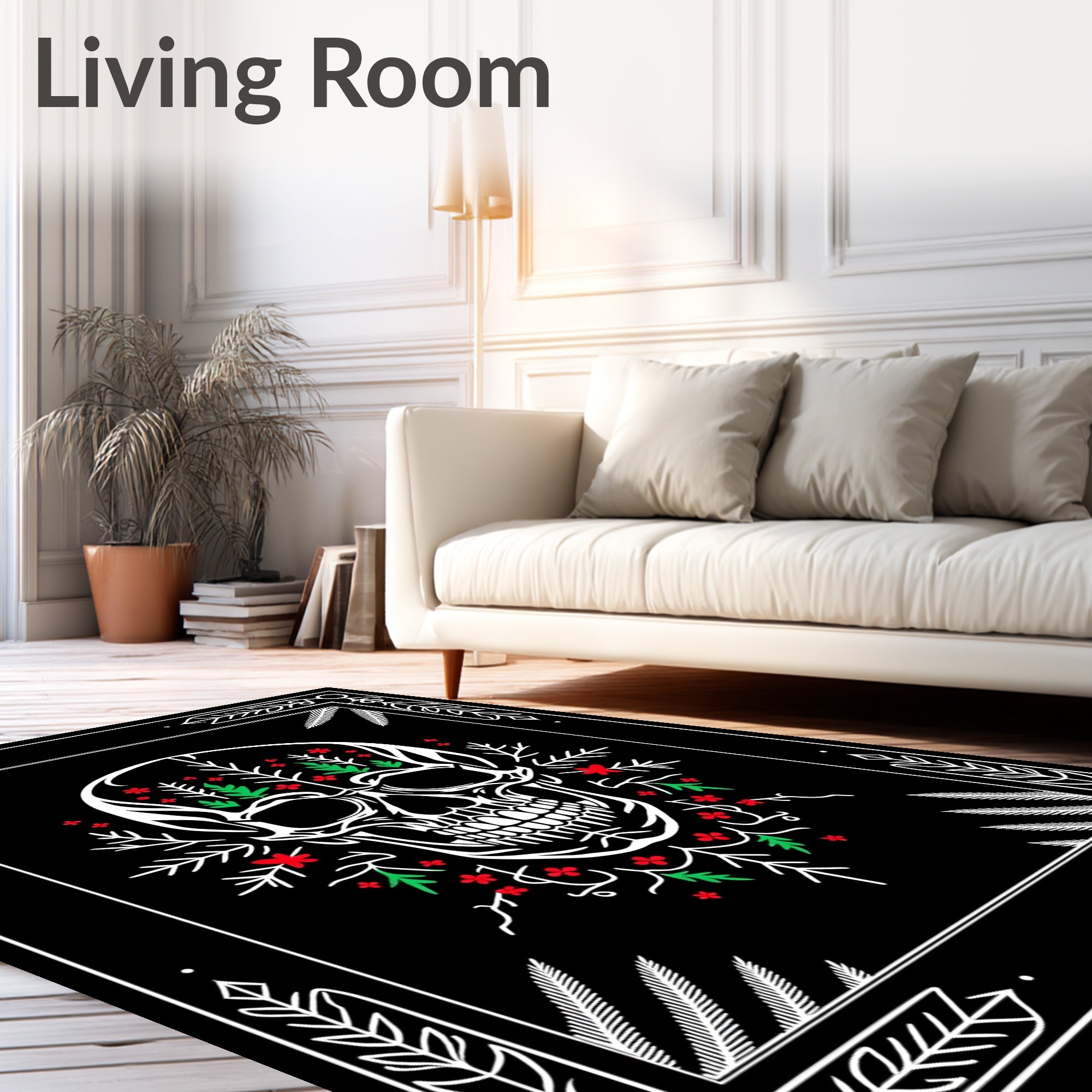 Floral Skull Red Green Botanical Frame Rug