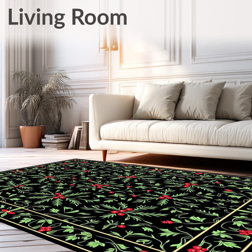 Black Emerald Holly Berry Vines Rug