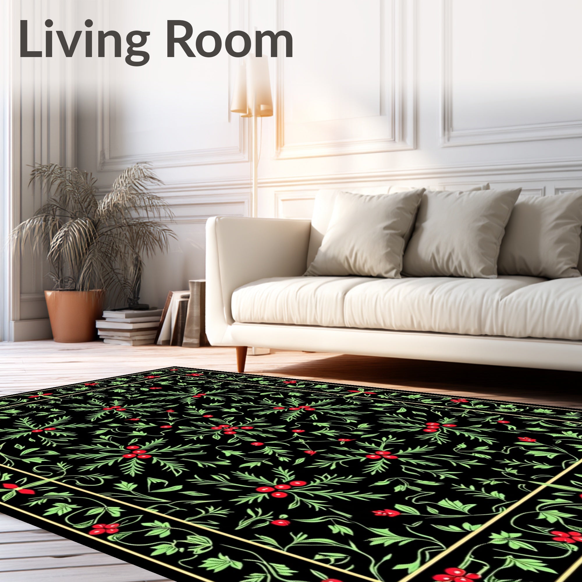 Black Emerald Holly Berry Vines Rug