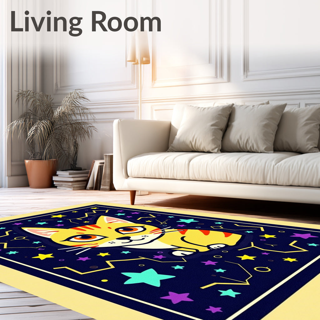 Whimsical Yellow Cat Starry Night Rug