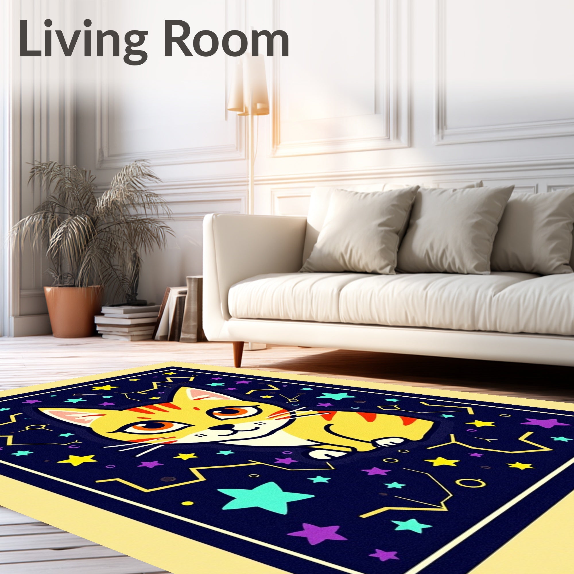 Whimsical Yellow Cat Starry Night Rug